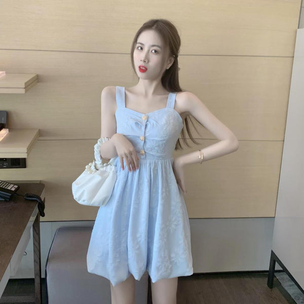 Retro Temperament Sweetie Women Sleeveless Sling High Waist Holiday Beach Dress