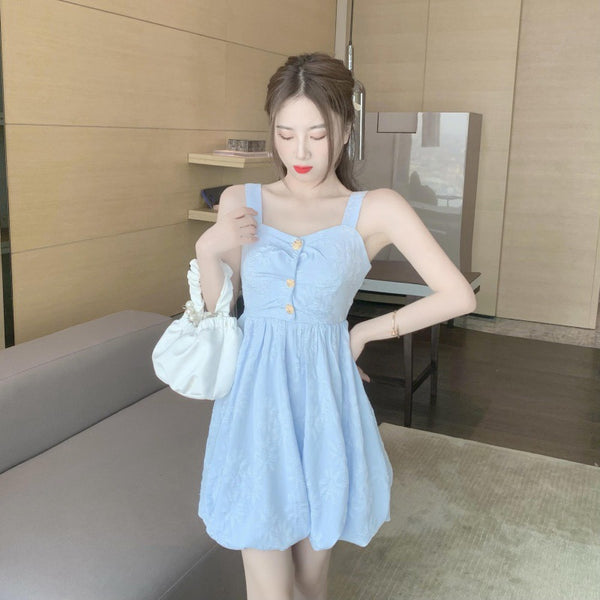 Retro Temperament Sweetie Women Sleeveless Sling High Waist Holiday Beach Dress