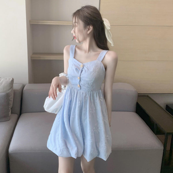 Retro Temperament Sweetie Women Sleeveless Sling High Waist Holiday Beach Dress