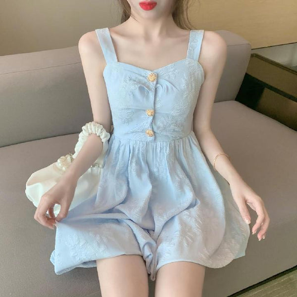 Retro Temperament Sweetie Women Sleeveless Sling High Waist Holiday Beach Dress