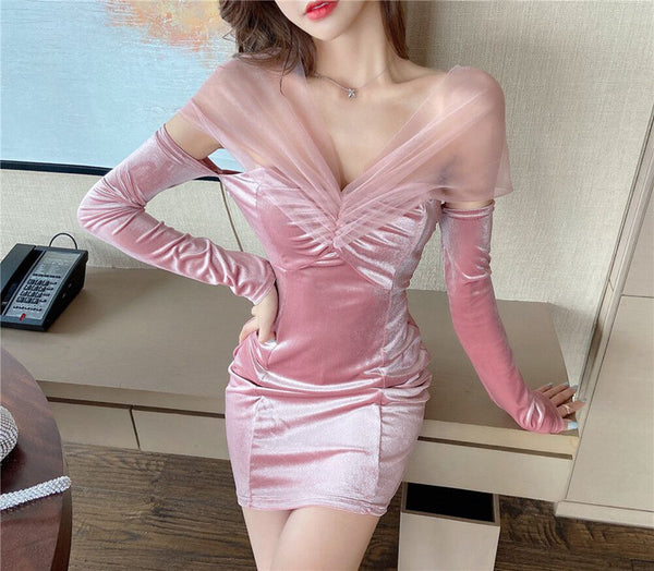 Sexy Night Club Clubbing Dance Velvet V Neck Waist Mesh Shoulder Long Sleeve Dress