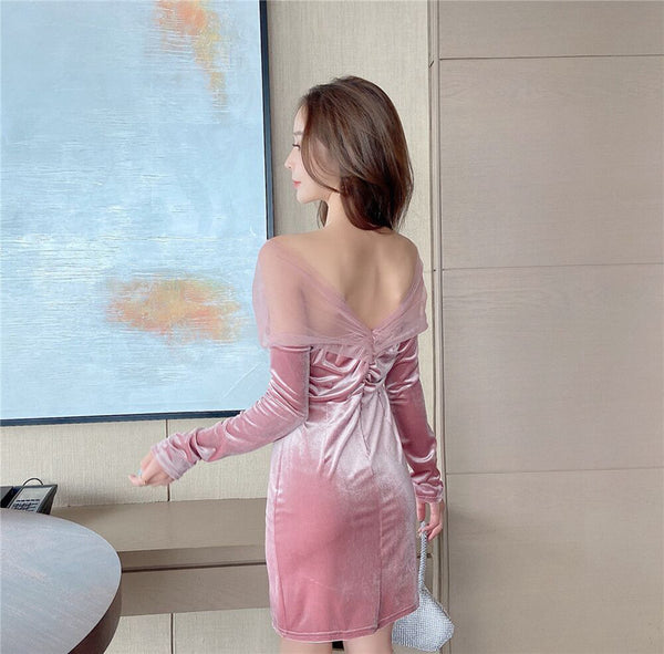 Sexy Night Club Clubbing Dance Velvet V Neck Waist Mesh Shoulder Long Sleeve Dress