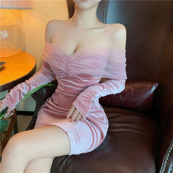 Trendy Sexy Women Bust Push Up Pleated Off Shoulder Long Sleeve Mini Dress