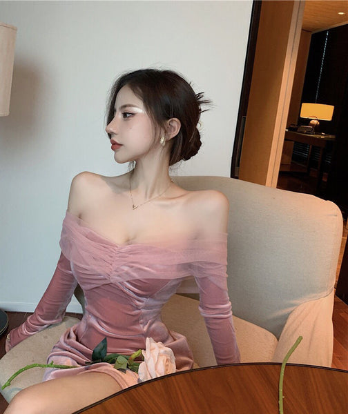 Trendy Sexy Women Bust Push Up Pleated Off Shoulder Long Sleeve Mini Dress