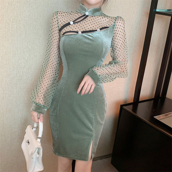 New Sexy Stand Collar Cheongsam Style Waist Hip Mesh Stitching Velvet Side Slit Mini dress