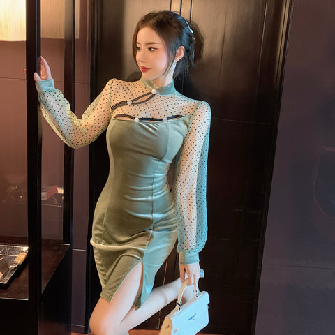 New Sexy Stand Collar Cheongsam Style Waist Hip Mesh Stitching Velvet Side Slit Mini dress