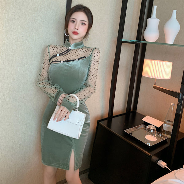 New Sexy Stand Collar Cheongsam Style Waist Hip Mesh Stitching Velvet Side Slit Mini dress