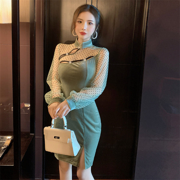 New Sexy Stand Collar Cheongsam Style Waist Hip Mesh Stitching Velvet Side Slit Mini dress