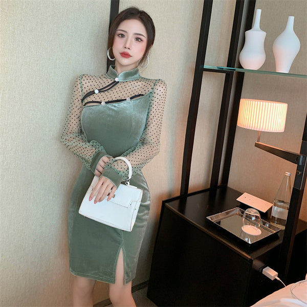 New Sexy Stand Collar Cheongsam Style Waist Hip Mesh Stitching Velvet Side Slit Mini dress