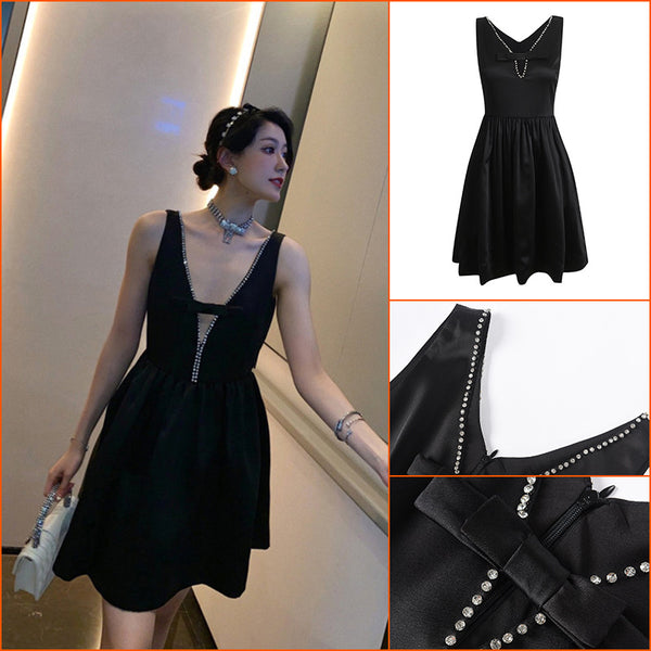 Luxury Elegant Sleeveless Cosmetic Diamond Deep V Neck Waist Party Dress