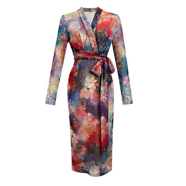 Spring Chic Temperament Color Colorful Smudges Dye Printed Long Pencil Dress