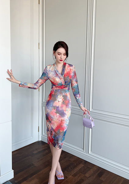 Spring Chic Temperament Color Colorful Smudges Dye Printed Long Pencil Dress