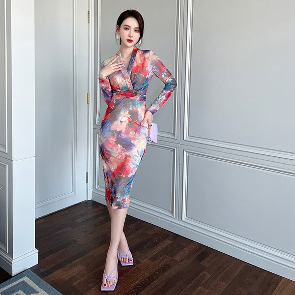 Spring Chic Temperament Color Colorful Smudges Dye Printed Long Pencil Dress