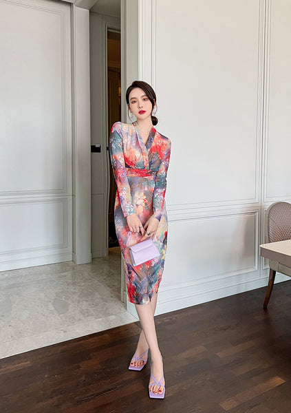 Spring Chic Temperament Color Colorful Smudges Dye Printed Long Pencil Dress