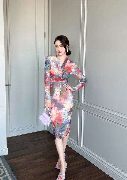 Spring Chic Temperament Color Colorful Smudges Dye Printed Long Pencil Dress