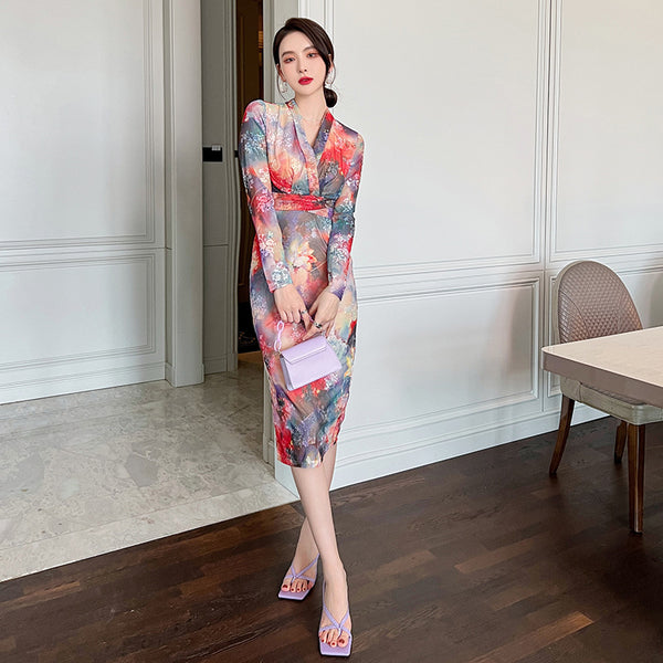 Spring Chic Temperament Color Colorful Smudges Dye Printed Long Pencil Dress