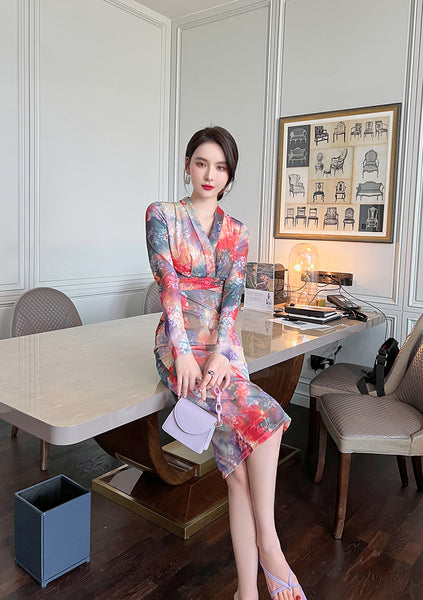 Spring Chic Temperament Color Colorful Smudges Dye Printed Long Pencil Dress