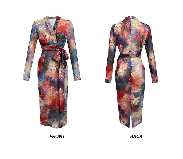 Spring Chic Temperament Color Colorful Smudges Dye Printed Long Pencil Dress