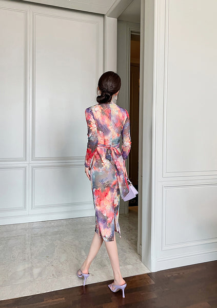 Spring Chic Temperament Color Colorful Smudges Dye Printed Long Pencil Dress