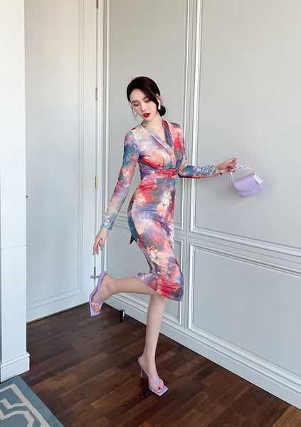 Spring Chic Temperament Color Colorful Smudges Dye Printed Long Pencil Dress