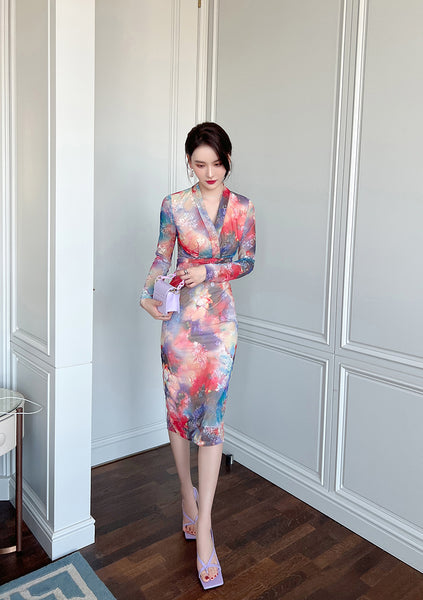 Spring Chic Temperament Color Colorful Smudges Dye Printed Long Pencil Dress