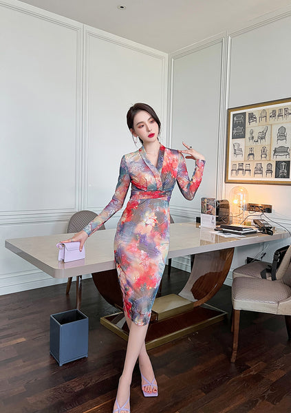 Spring Chic Temperament Color Colorful Smudges Dye Printed Long Pencil Dress