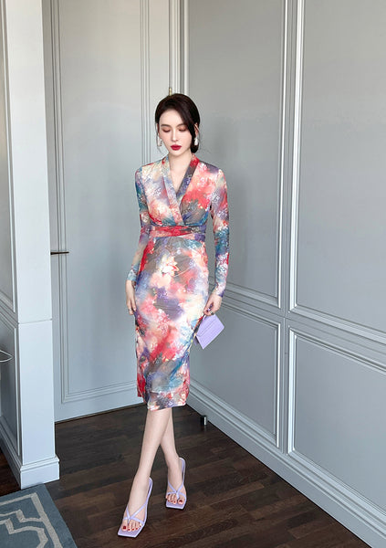 Spring Chic Temperament Color Colorful Smudges Dye Printed Long Pencil Dress