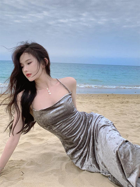 New Sexy Spaghetti Strap Hip Charcoal Grey Ruched Split Velvet Dress