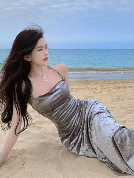 New Sexy Spaghetti Strap Hip Charcoal Grey Ruched Split Velvet Dress