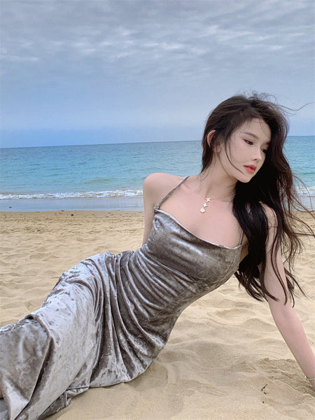 New Sexy Spaghetti Strap Hip Charcoal Grey Ruched Split Velvet Dress