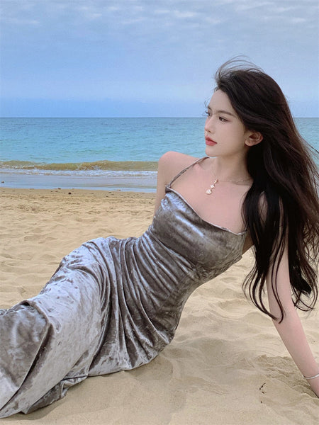 New Sexy Spaghetti Strap Hip Charcoal Grey Ruched Split Velvet Dress