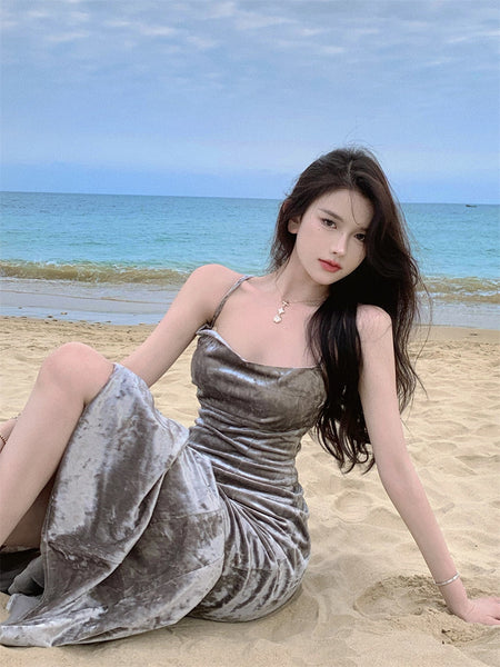 New Sexy Spaghetti Strap Hip Charcoal Grey Ruched Split Velvet Dress