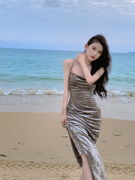New Sexy Spaghetti Strap Hip Charcoal Grey Ruched Split Velvet Dress