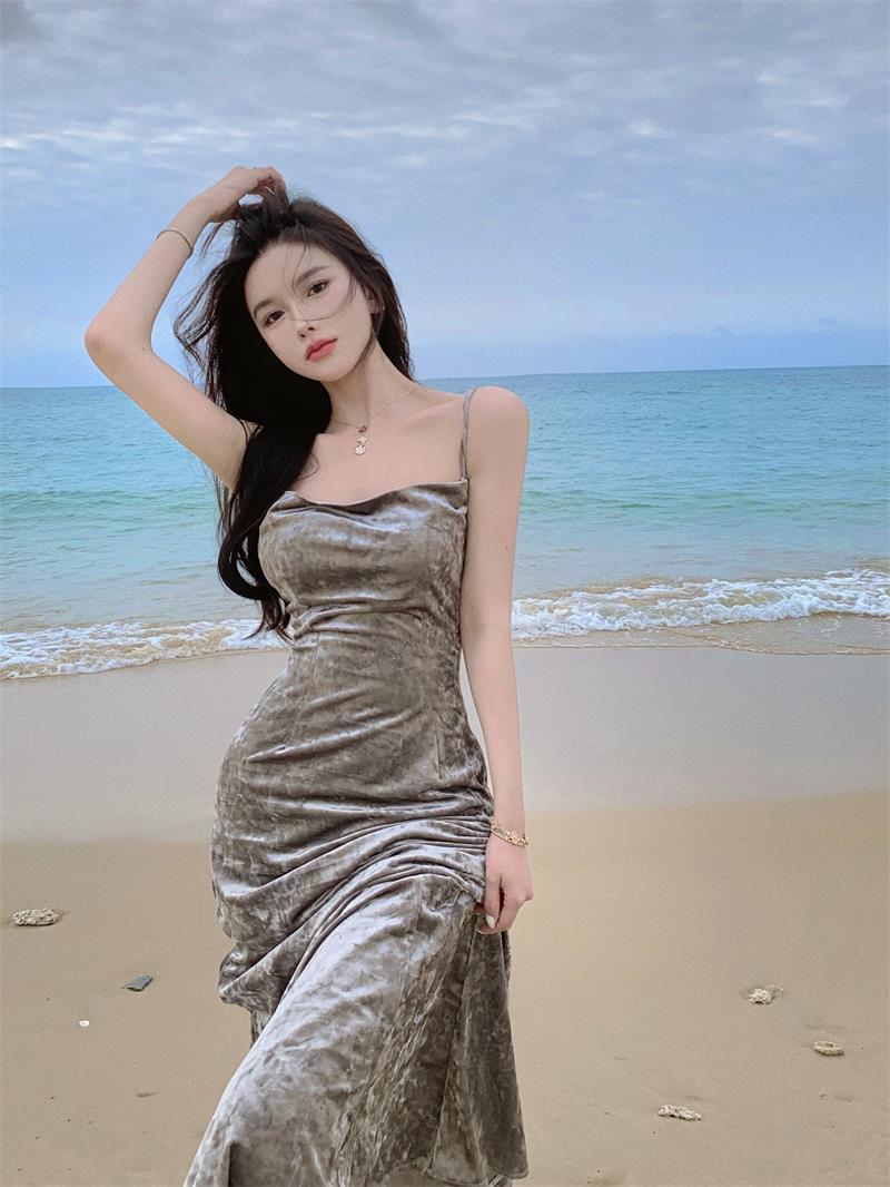 New Sexy Spaghetti Strap Hip Charcoal Grey Ruched Split Velvet Dress