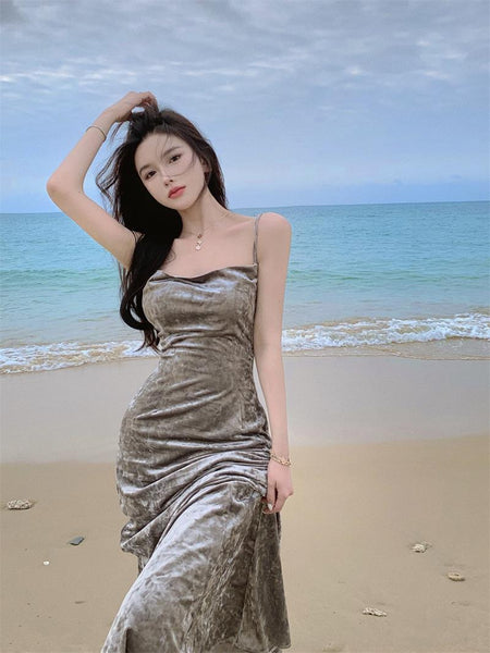 New Sexy Spaghetti Strap Hip Charcoal Grey Ruched Split Velvet Dress