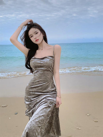 New Sexy Spaghetti Strap Hip Charcoal Grey Ruched Split Velvet Dress