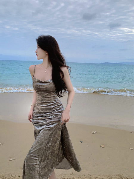 New Sexy Spaghetti Strap Hip Charcoal Grey Ruched Split Velvet Dress
