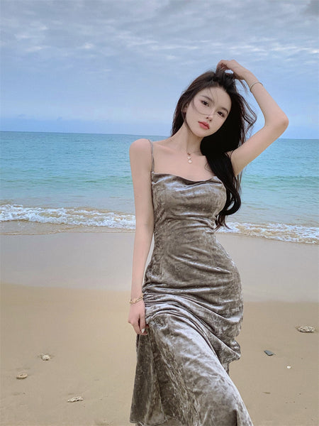 New Sexy Spaghetti Strap Hip Charcoal Grey Ruched Split Velvet Dress