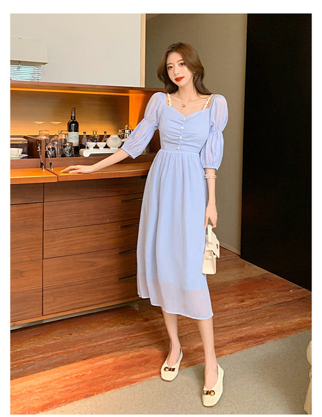 Fairy Retro Women Blue V Neck Retro Bobo Puff Shoulder Sleeves Long Dress Skirt