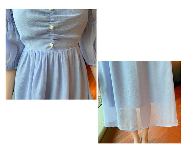 Fairy Retro Women Blue V Neck Retro Bobo Puff Shoulder Sleeves Long Dress Skirt