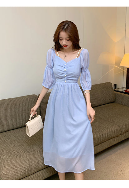 Fairy Retro Women Blue V Neck Retro Bobo Puff Shoulder Sleeves Long Dress Skirt