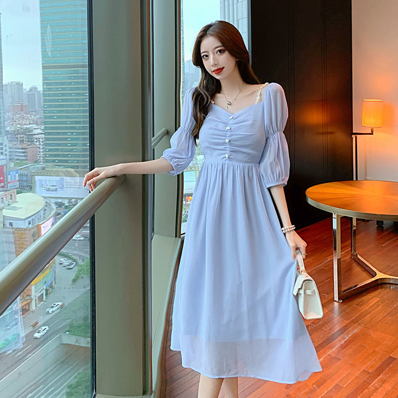 Fairy Retro Women Blue V Neck Retro Bobo Puff Shoulder Sleeves Long Dress Skirt