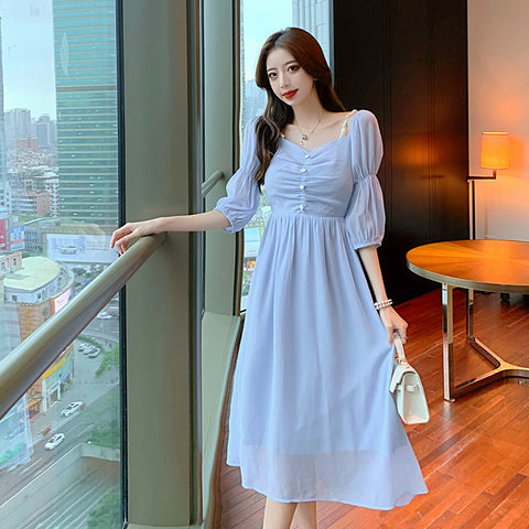 Fairy Retro Women Blue V Neck Retro Bobo Puff Shoulder Sleeves Long Dress Skirt