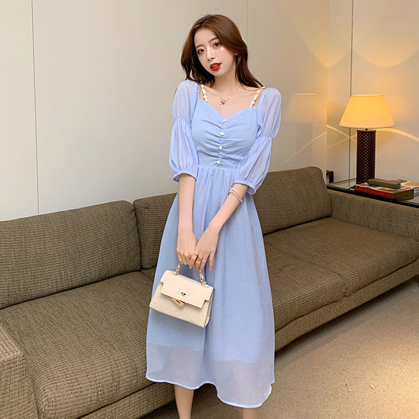 Fairy Retro Women Blue V Neck Retro Bobo Puff Shoulder Sleeves Long Dress Skirt
