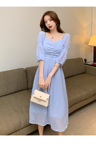 Fairy Retro Women Blue V Neck Retro Bobo Puff Shoulder Sleeves Long Dress Skirt