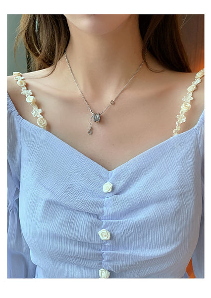 Fairy Retro Women Blue V Neck Retro Bobo Puff Shoulder Sleeves Long Dress Skirt