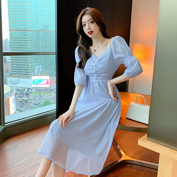 Fairy Retro Women Blue V Neck Retro Bobo Puff Shoulder Sleeves Long Dress Skirt