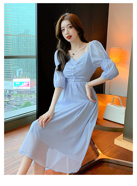 Fairy Retro Women Blue V Neck Retro Bobo Puff Shoulder Sleeves Long Dress Skirt