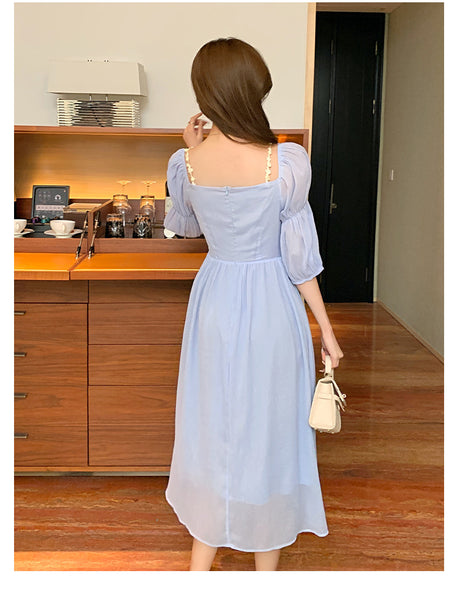Fairy Retro Women Blue V Neck Retro Bobo Puff Shoulder Sleeves Long Dress Skirt