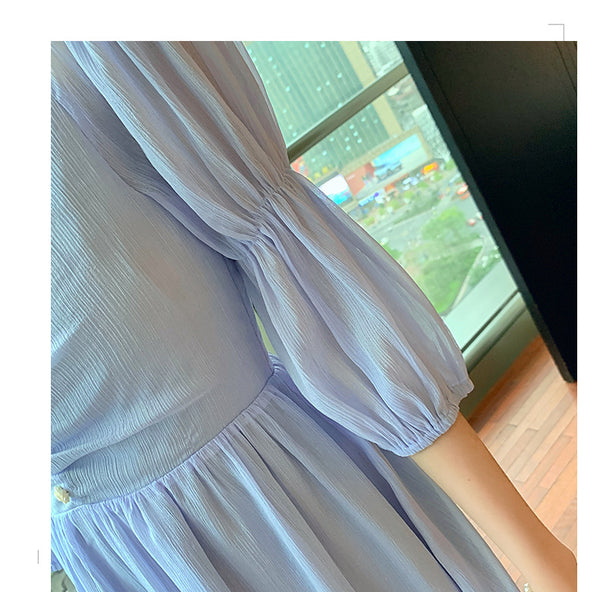 Fairy Retro Women Blue V Neck Retro Bobo Puff Shoulder Sleeves Long Dress Skirt